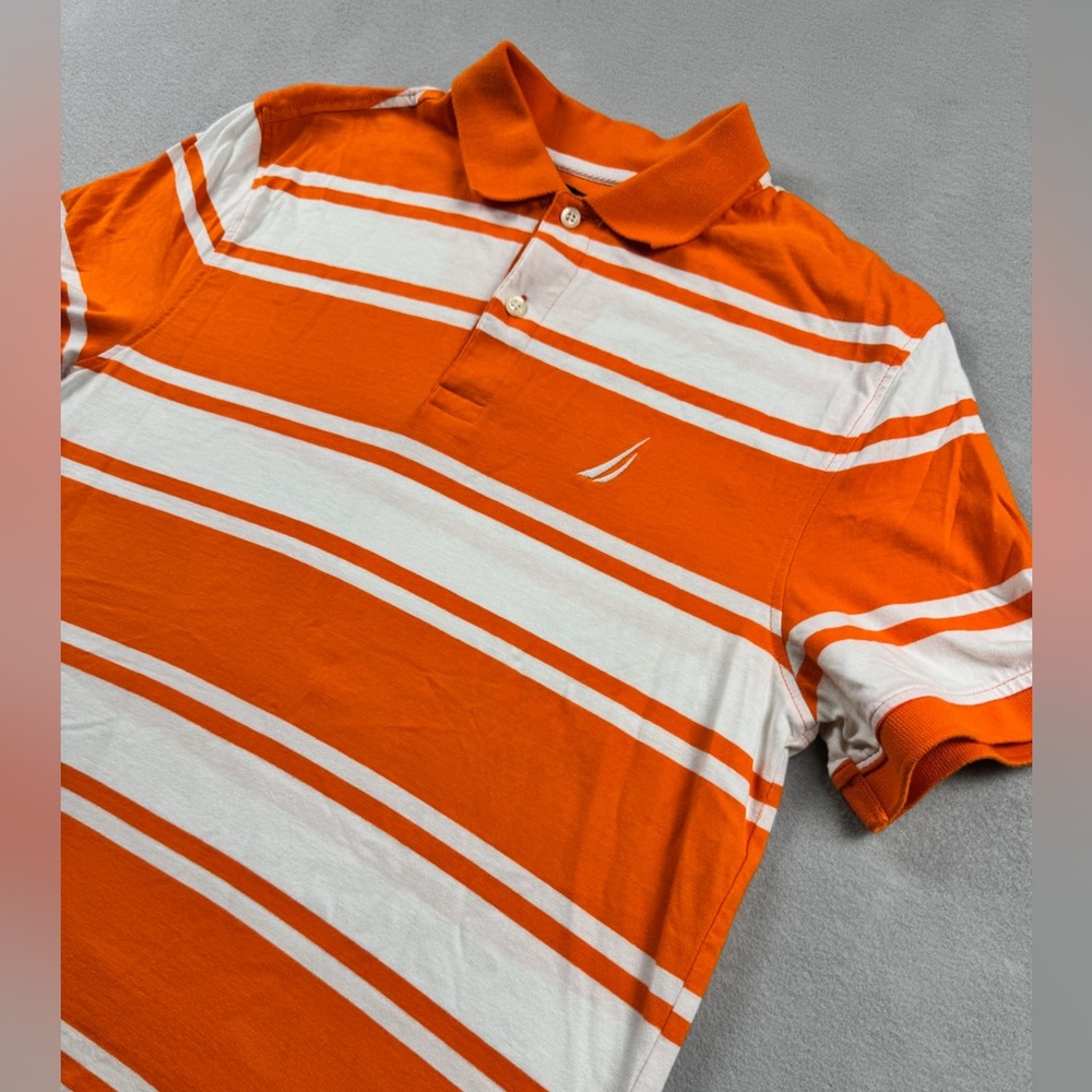 Nautica Men's Medium Orange White Stripe Performance Deck Polo Shirt Preppy Dad